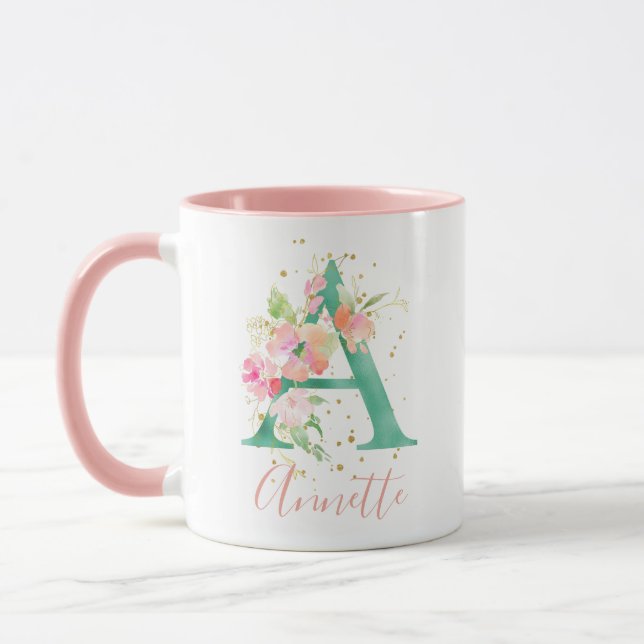 Mug Aquarelle rose turquoise or Monogramme floral A (Gauche)