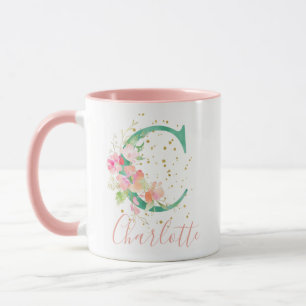 Mug Aquarelle rose turquoise or Monogramme floral C