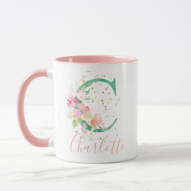 Mug Aquarelle rose turquoise or Monogramme floral C (Gauche)