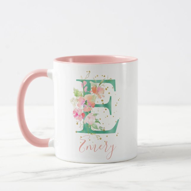 Mug Aquarelle rose turquoise or Monogramme floral E (Gauche)