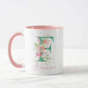 Mug Aquarelle rose turquoise or Monogramme floral F