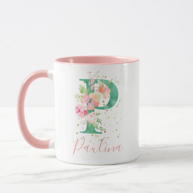 Mug Aquarelle rose turquoise or Monogramme floral P (Gauche)