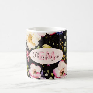 Mug Aquarelle Roses rose et jaune sur Noir, Anniversai