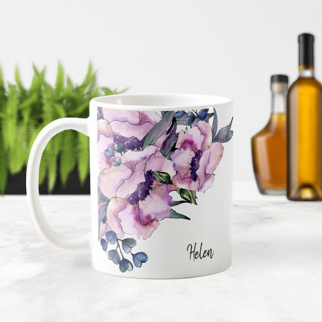 Mug Aquarelle Roses roses 🌹 & Coeurs bleus 💙 (Watercolor Pink Roses 🌹 & Blue Hearts 💙 Coffee Mug
)