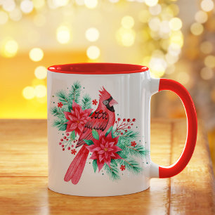 Mug Aquarelle Rouge Noël Cardinal Oiseau et fleurs