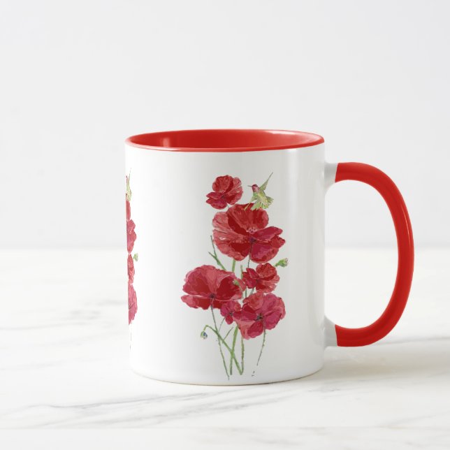 Mug Aquarelle Rouge Poppies Fleurs Oiseau de colibri (Droite)