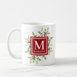 Mug Aquarelle Rouge Vert Monogramme Musique de Noël