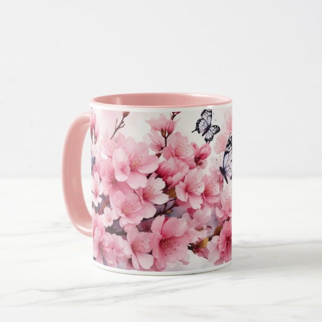 Mug Aquarelle Sakura Cherry Blossom Papillons Musique (Devant gauche)