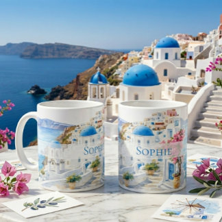 Mug Aquarelle Santorin Grèce Cadeau avec nom personnal