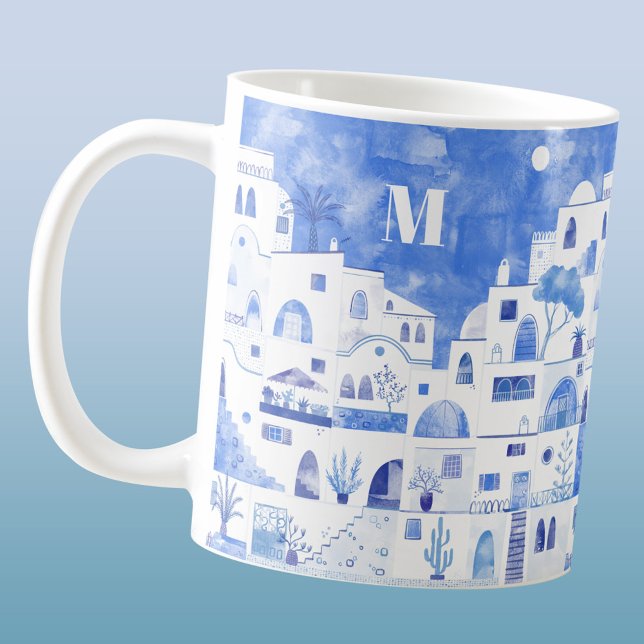 Mug Aquarelle Santorin Grèce Monogram (Monogram personalized initial Santorini mug)
