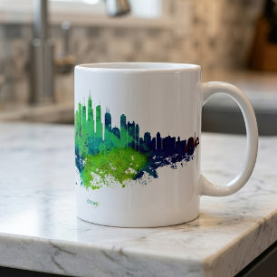 Mug Aquarelle Skyline de Chicago en bleu et citron ver