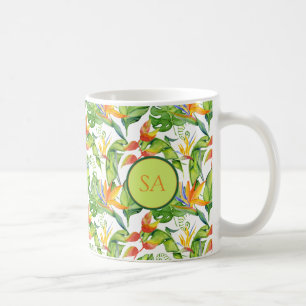 Mug Aquarelle Tropical Green Monstera & Feuilles orang