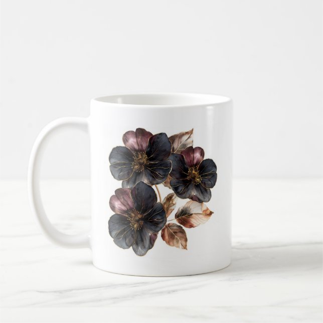 Mug Aquarelle unique or noir et fleurs bordeaux (Gauche)