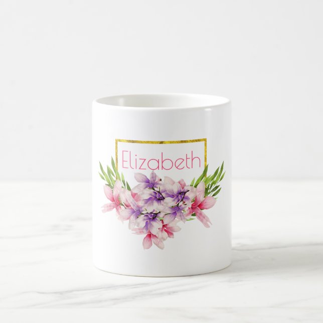 Mug Aquarelle violet et rose Magnolia Personnalisé (Centre)