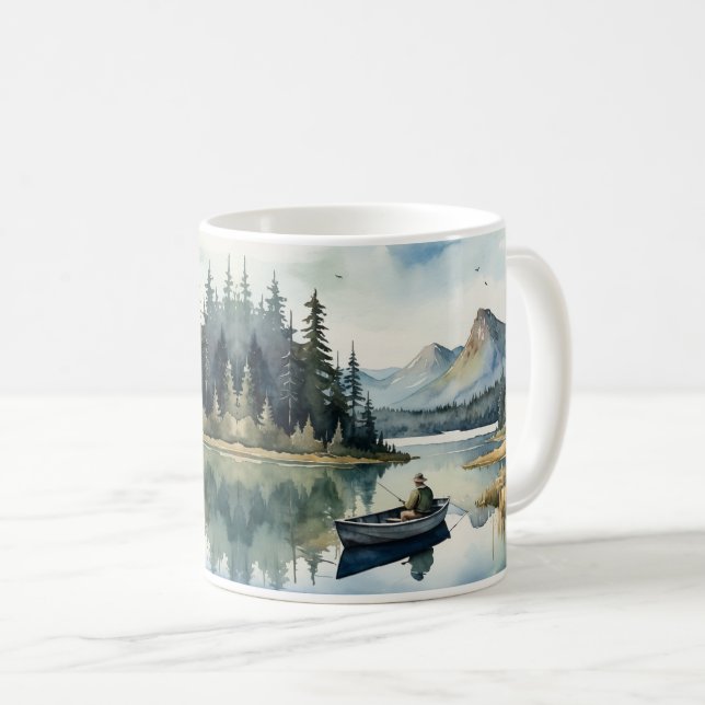 Mug Aquarelle Wilderness Fishing Lake in Boat (Devant droit)