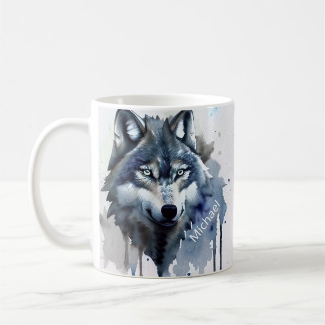 Mug Aquarelle Wolf Head Dusty Blue Monogramme (Gauche)