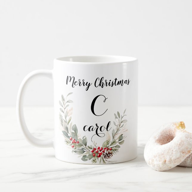 Mug Aquarelle Wreath Monogramme et Script Noël (Avec donut)