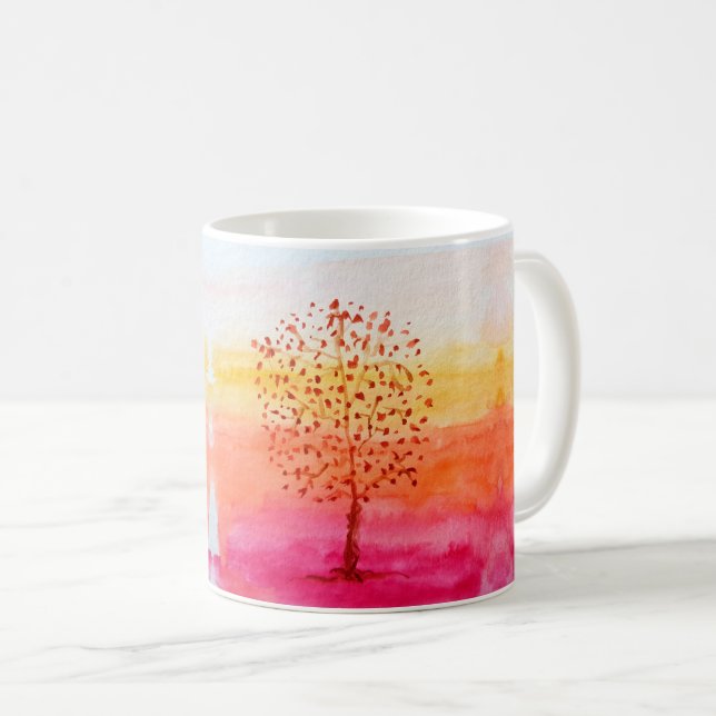 Mug Arbre Coucher de soleil aquarelle main peint (Devant droit)