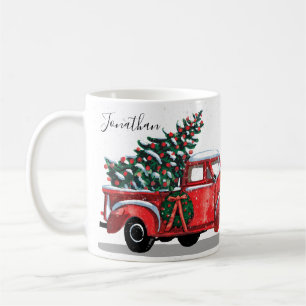 Mug Arbre de Noël Camion rouge Vintage Nom