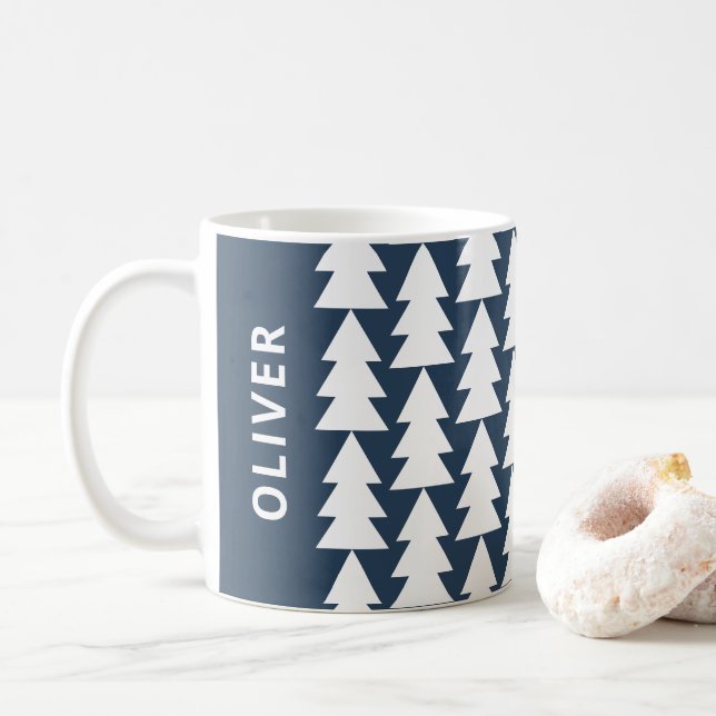 Mug Arbre de Noël de famille bleu marine géométrique m (Avec donut)