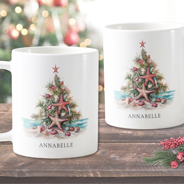 Mug Arbre de Noël de plage personnalisé (Personalized Beach Christmas Tree Coffee Mug)