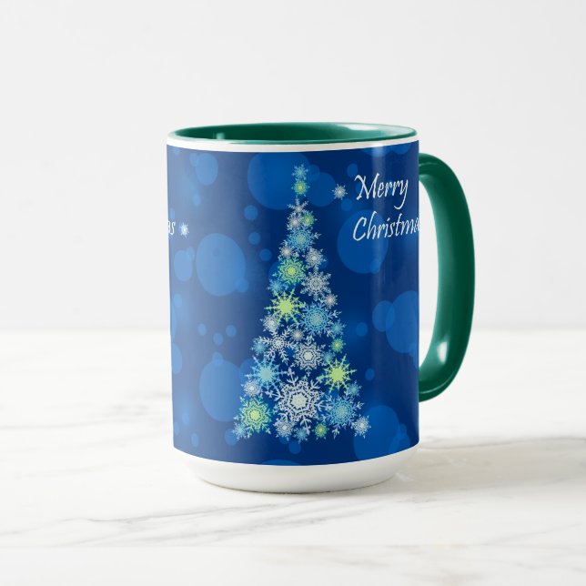 Mug Arbre de Noël en flocons de neige. (Devant droit)