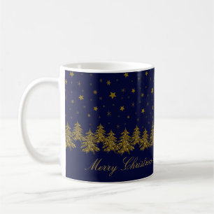 Mug Arbre de Noël en or brillant, lune, étoiles sur bl