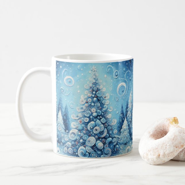 Mug Arbre de Noël impressionniste Whimsical Bleu (Avec donut)