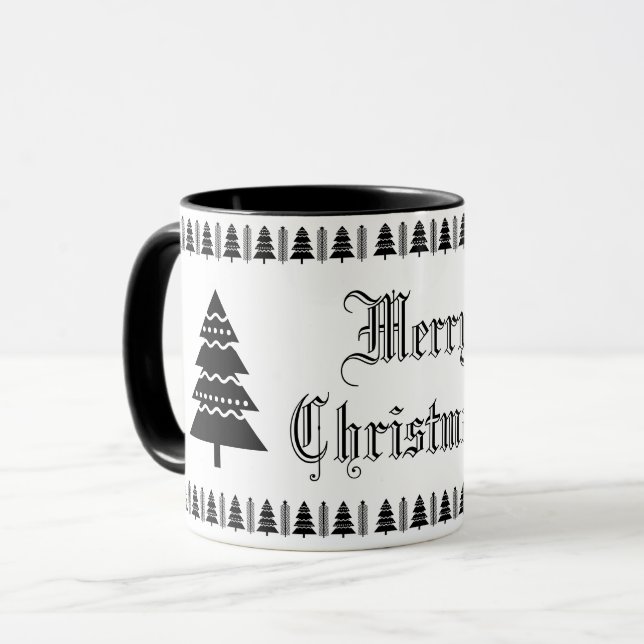 Mug Arbre de Noël moderne Motif noir et blanc (Devant gauche)