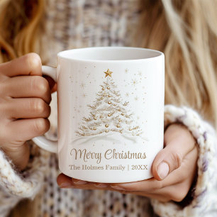 Mug Arbre de Noël or et blanc avec nom de famille