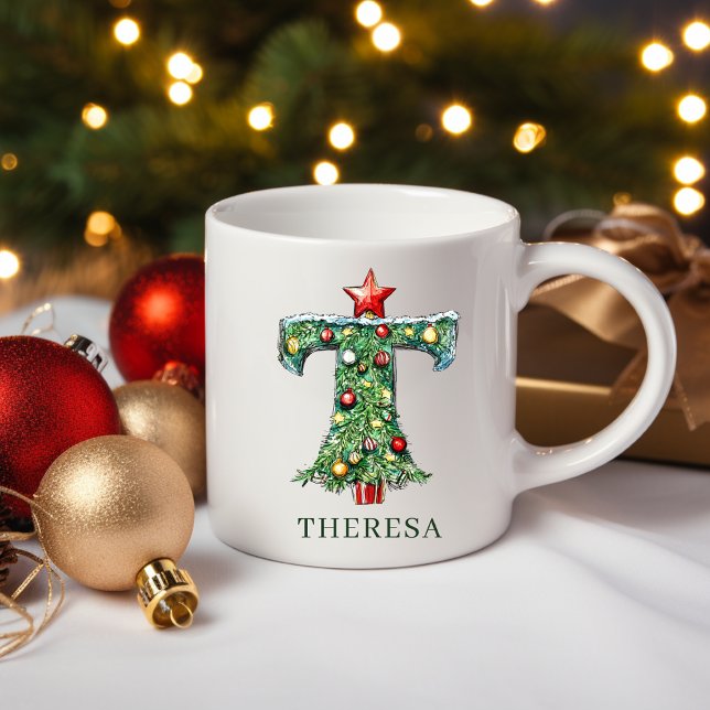 Mug Arbre de Noël personnalisé avec monogramme festif  (Personalized Festive Christmas Tree Monogram T Coffee Mug)