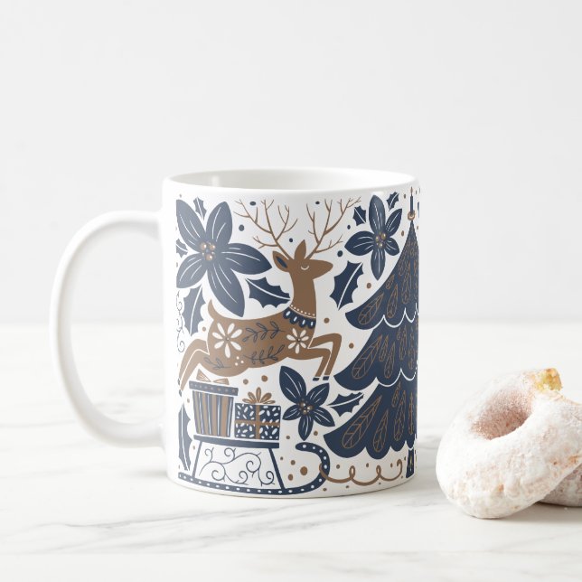 Mug Arbre de rennes scandinave Floral Marine or (Avec donut)