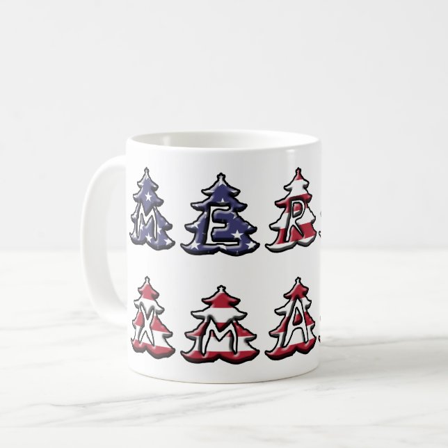 Mug Arbres de Noël patriotiques Joyeux XMAS (Devant gauche)