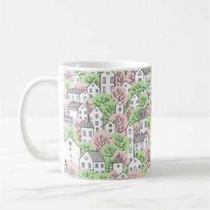 Mug Arbres et maisons sans couture motif. Printemps et