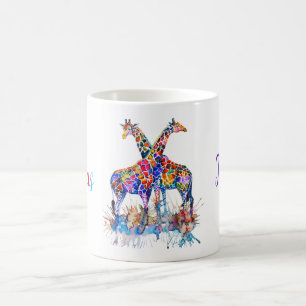 Mug Arc-en-ciel coloré Aquarelle Splatter Giraffes Nom