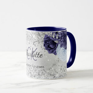 Mug Argent bleu marine florales élégant nom monogramme