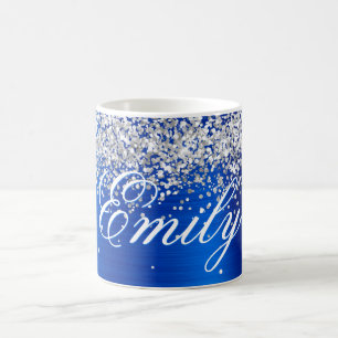 Mug Argent Personnalisé Paillettes Bleu Royal Feuille