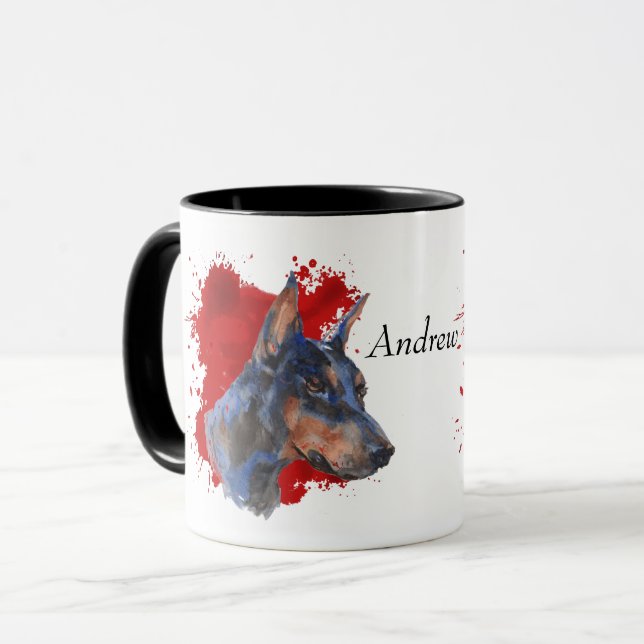 Mug Arrière - plan Abstrait noir Doberman Pinscher rou (Devant gauche)