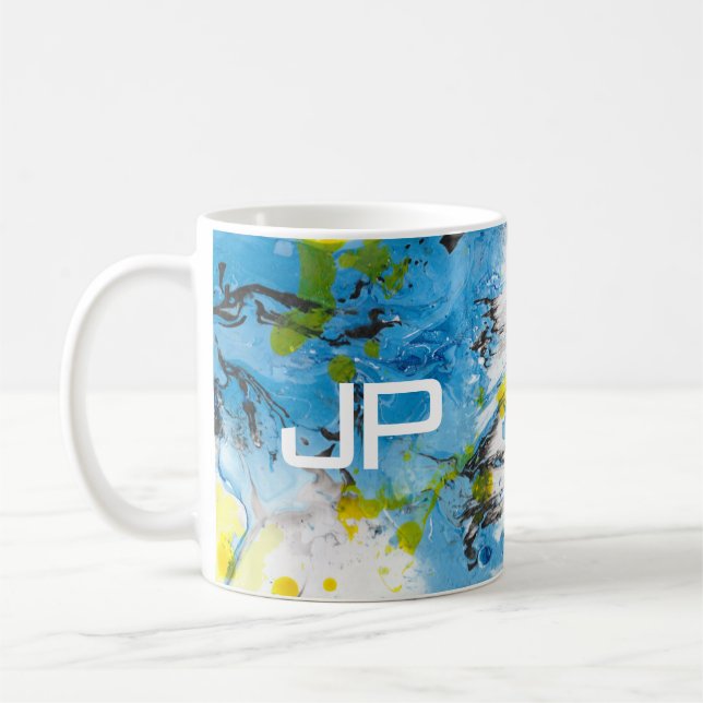 Mug Art Abstrait moderne Bleu Jaune Modèle blanc (Gauche)