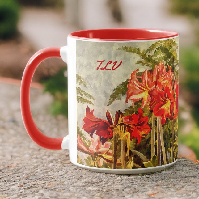 Mug Art Botanique Rouge Amaryllis - Initiales Monogram (Créateur téléchargé)