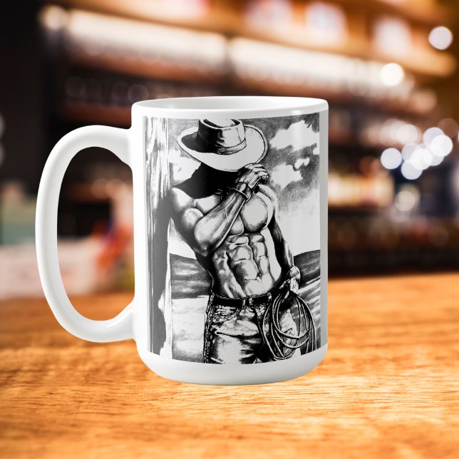 Mug Art, Cowboy robuste Cool de croquis au charbon de  (The handsome cowboy coffee mug fits with all kinds of settings.)