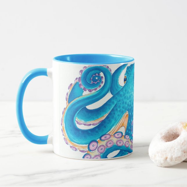Mug Art d'aquarelle octopique bleu (Avec donut)