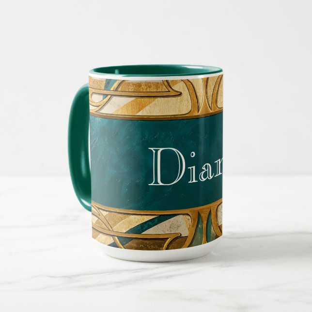 Mug Art Deco Green and Gold Stripes Personalized (Devant gauche)