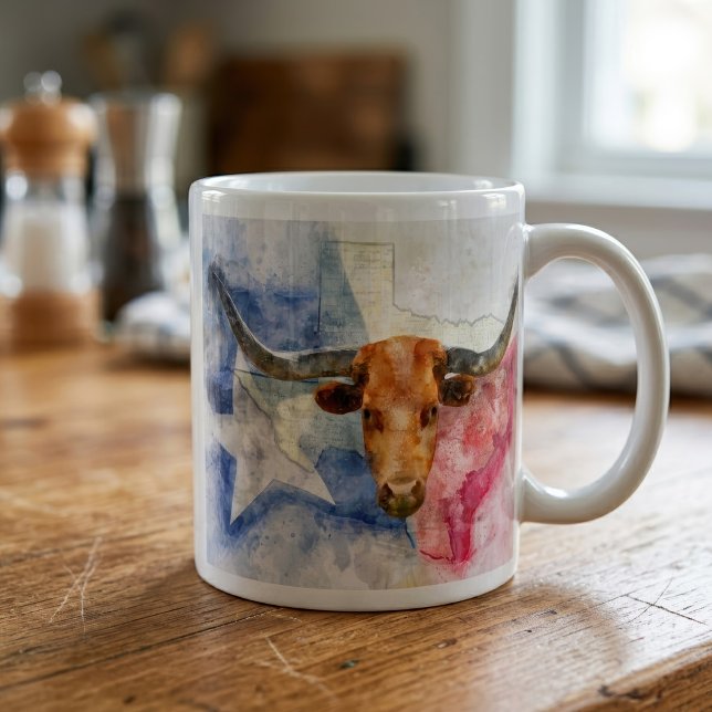 Mug Art d'impression à l'aquarelle représentant une va (Texas Longhorn Cow and Flag Watercolor Print Art. Coffee Mug)