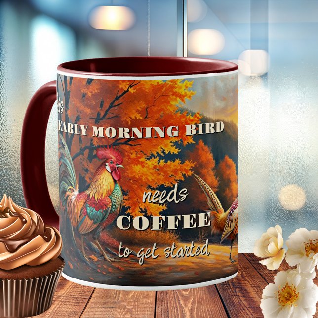 Mug Art du coq d'oiseaux tôt le matin (Mug featuring a painting of an autumn landscape with a rooster and a pheasant. Early morning coffee.)