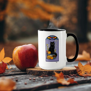 Mug Art Nouveau Chat Noir Citrouille Violet Automne Ja