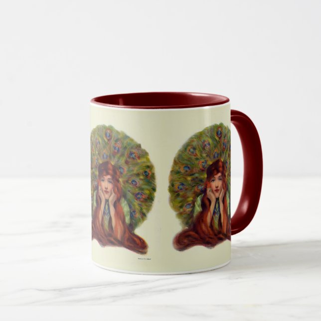 Mug Art nouveau déco élégante femme paon plumes (Devant droit)