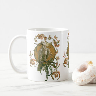 Mug Art Nouveau vintage, oiseau cacatoès, fleurs d'orc
