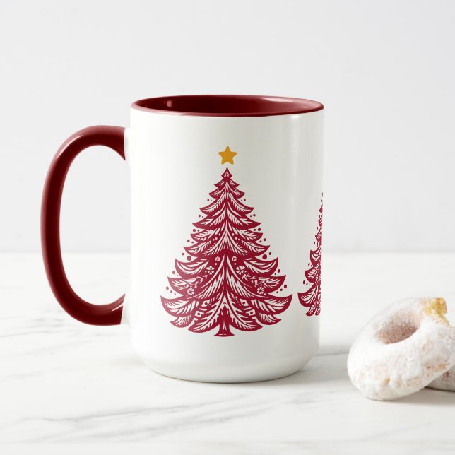 Mug Art populaire scandinave Red Christmas Tree Café (Avec donut)