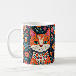 Mug Art populaire Whimsical Chat et Fleurs